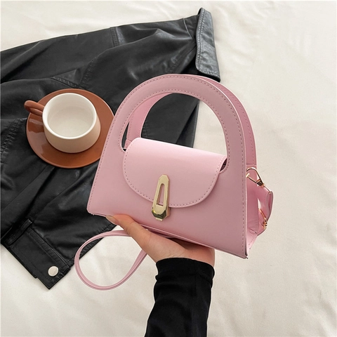Women Minimalist PU Leather Shoulder Bag Geometric Lock Solid Color Trapezoid Handbag Arc Handle Crossbody Bag Commuting Purse