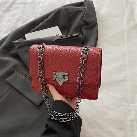 Bolso de Hombro con Cadena Retro para Mujer Textura Trenzada Piel PU Color Sólido Moda Casual Bolso de Bandolera Cuadrado