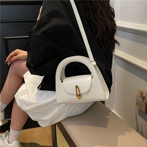 Women Minimalist PU Leather Shoulder Bag Geometric Lock Solid Color Trapezoid Handbag Arc Handle Crossbody Bag Commuting Purse