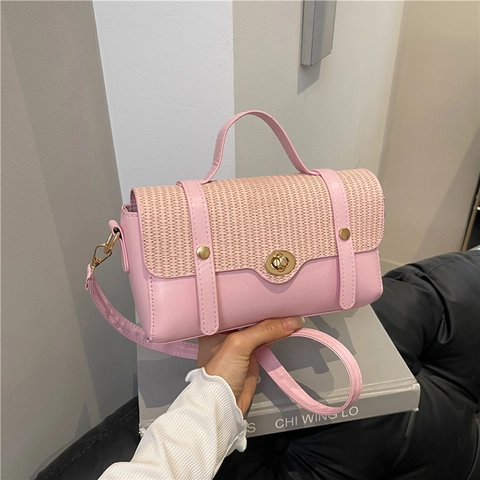 Minimalistische Damen PU Leder Web Spleiß Umhängetasche Sommer Kontrastfarbe Crossbody Tasche Mit Griff Vielseitige Mode Satchel