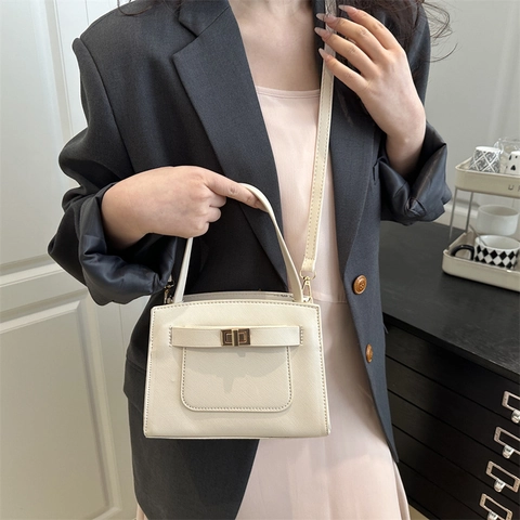 Women Saffiano PU Leather Shoulder Bag Twist Lock Crossbody Handbag Minimalist Solid Color Commuting Fashion Square Bag Gift