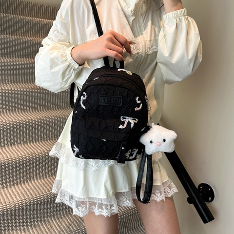 Korean Style Quilted Nylon Mini Backpack For Girls With Bow Embroidery And Star Charm Fashion Lightweight School Bookbag