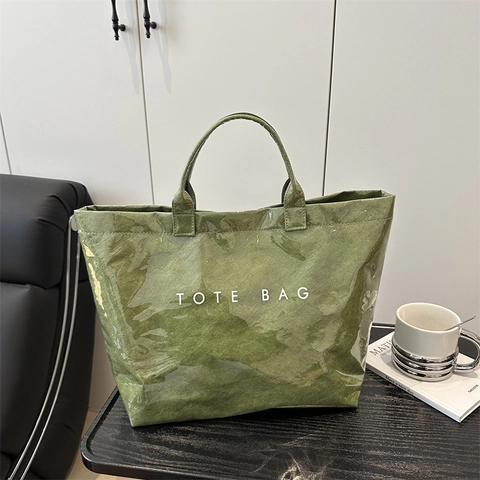 Women's Trendy Large Capacity Tote Bag Minimalist DuPont Paper Texture PU Leather Shoulder Bag Letter Print Handbag