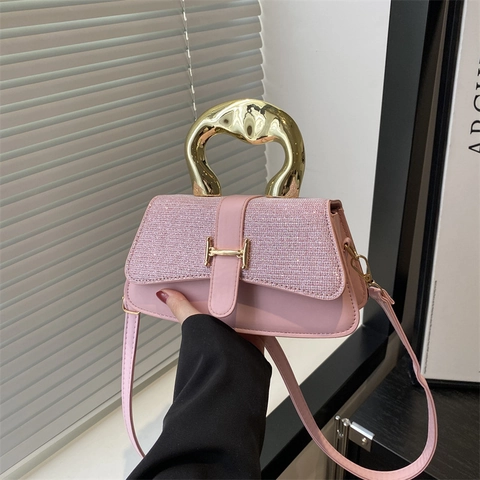 Damen Mode PU Leder Schultertasche Mit H-Verschluss Glitzerklappe Einzigartiger Metallgriff Umhängetasche Trendy Tote