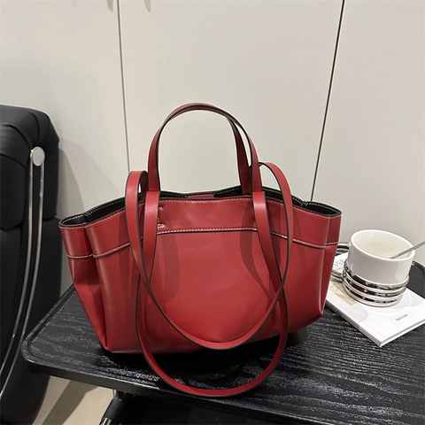 Women Large Capacity PU Leather Tote Bag With Pouch Wave Edge Contrast Stitching Underarm Shoulder Bag Fashion Office Handbag