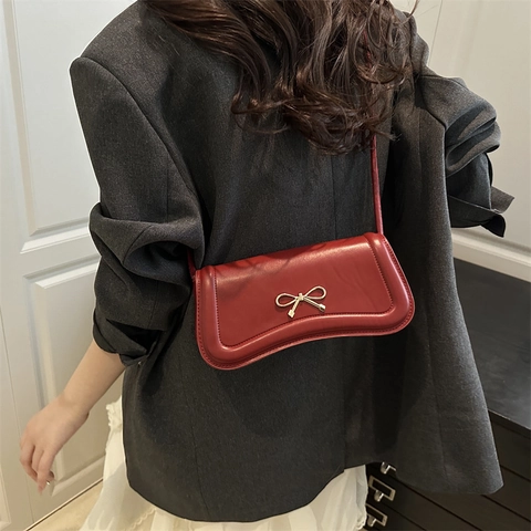 2025 Borsa a Spalla da Donna in Pelle PU Alla Moda Design Casual con Fiocco Borsa Sottobraccio Tracolla con Cinturino Annodato