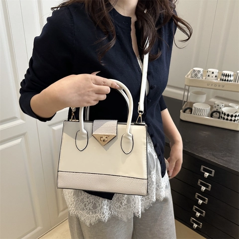 Dames Mode PU Leer Patchwork Schoudertas Contrastkleur Vierkante Handtas Met Metalen Slot En Verstelbare Riem Dagelijkse Woon-Werkverkeer Tas