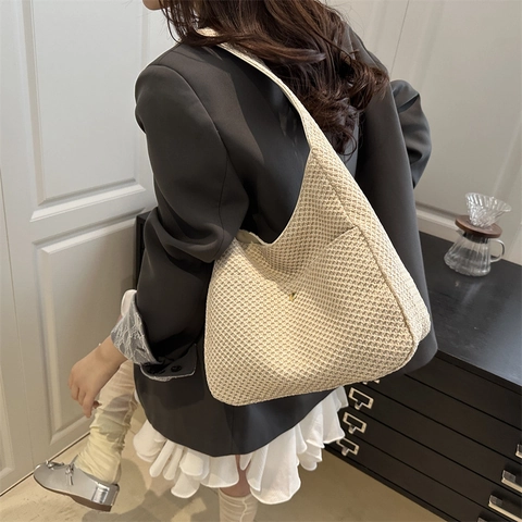 Große Kapazität Strohgewebe Schultertasche Für Damen Sommer Strand Hobo Handtasche Urban Minimalistisch Lässige Urlaubstasche