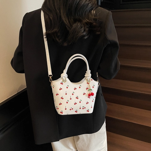 Moda Donna Stampa a Ciliegie Borsa a Spalla in Pelle PU Borsa a Mano Dolce con Ciondolo a Ciliegia per Pendolarismo Ufficio