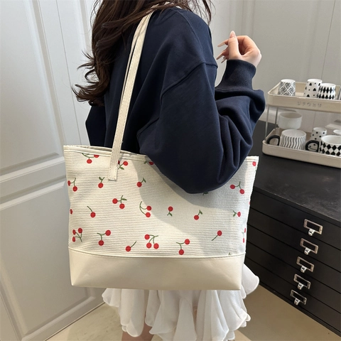 Sac Fourre-tout pour Femme en Velours Côtelé avec Imprimé Cerise Grande Capacité Sac à Épaule Travail avec Épissage en Similicuir