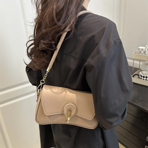 Bolso de Hombro Minimalista de Cuero de PU Cuadrado Pequeño Para Mujer Bolso de Mano Crossbody de Color Sólido Con Cerradura Redonda