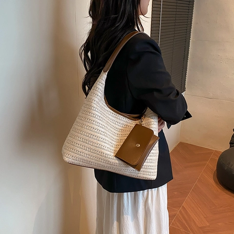 Dames Zomer Stro Geweven Tote Tas Met Zakje Casual Vakantie Strand Schoudertas Grote Capaciteit Boho Hobo Handtas