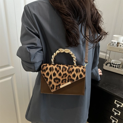 Women Leopard Patchwork Small Square Bag Gold Metal Twist Handle PU Leather Crossbody Shoulder Handbag For Everyday Party