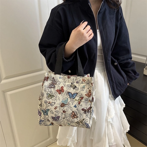 Vintage Floral Jacquard Leinwand Tragetasche Für Frauen Tragbare Künstlerische Schmetterling Muster Handtasche Pendeln Lässig Schultertasche