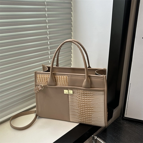 Dames Mode Krokodillenpatroon Patchwork PU Leer Tote Bag Woon-werkverkeer Schoudertas Handtas Met Gouden Slot