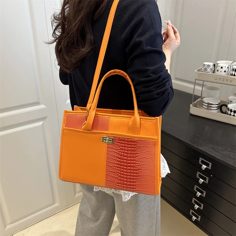 Dames Mode Krokodillenpatroon Patchwork PU Leer Tote Bag Woon-werkverkeer Schoudertas Handtas Met Gouden Slot