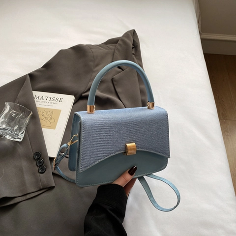 Women's Minimalist Patchwork PU Leather Shoulder Bag Casual Crossbody Handbag With Golden Lock Stylish Small Square Bag