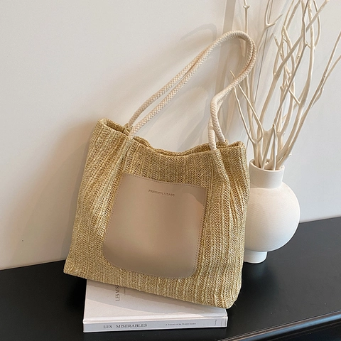 Grote Capaciteit Stro Geweven Strand Vakantie Tote Bag Voor Vrouwen Zomer Casual Schoudertas Met Leren Zak