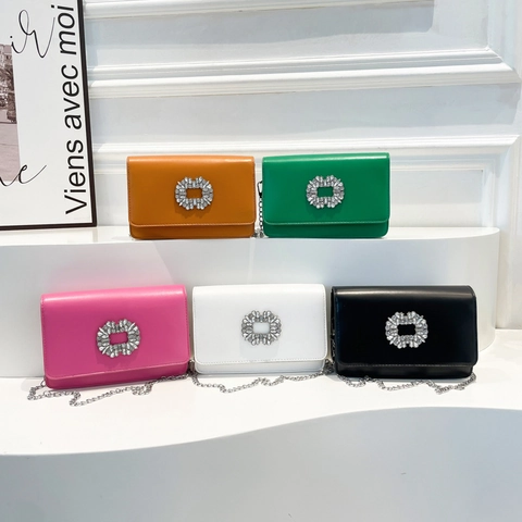Women Fashion PU Leather Small Square Bag Rhinestone Buckle Chain Shoulder Bag Minimalist Daily Party Crossbody Bag