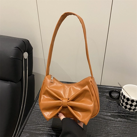 Bolso Sobaco de Cuero PU Elegante para Mujer Bolso de Hombro con Decoración de Lazo de Moda Bolso Hobo de Color Sólido Bolso Diario para Mujer