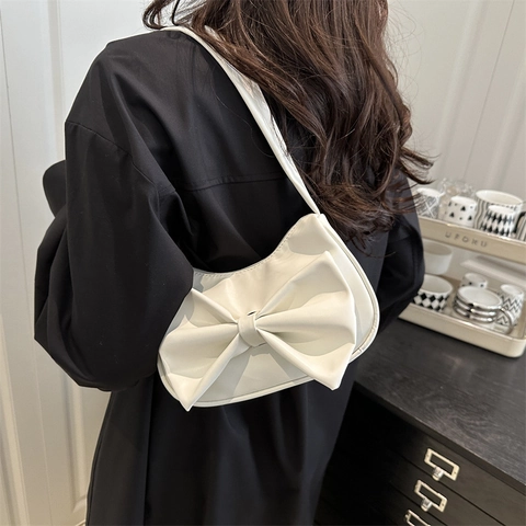 Bolso Sobaco de Cuero PU Elegante para Mujer Bolso de Hombro con Decoración de Lazo de Moda Bolso Hobo de Color Sólido Bolso Diario para Mujer