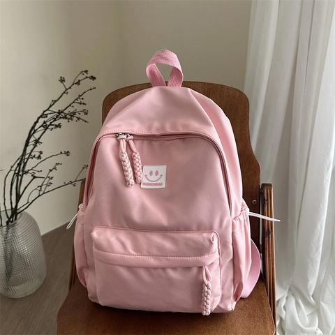 Damen Nylon Rucksack Koreanischer Stil Einfarbige Schultasche Für Jugendliche Mädchen Smiley Gesicht Lässige Outdoor Travel Daypack