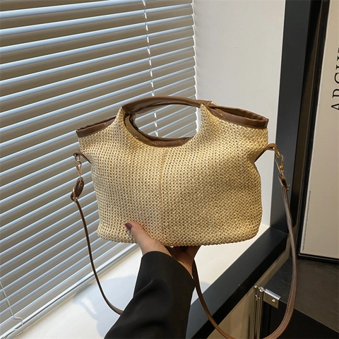 Dames Vintage Stro Geweven Draagtas Grote Capaciteit Zomer Strand Schoudertas Met Leren Riem Koreaanse Vakantie Handtas
