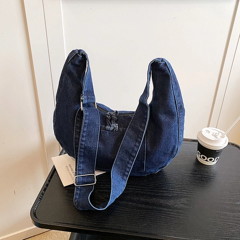 Women Large Capacity Denim Crescent Shoulder Bag Casual Vintage Hobo Crossbody Bag With Adjustable Strap Denim Tote Bag