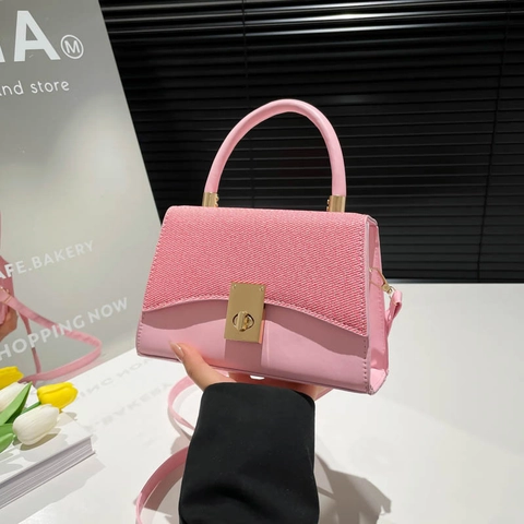 French Vintage Colorblock Small Square Shoulder Bag For Women PU Leather Woven Texture Fashion Crossbody Handbag With Gold Lock