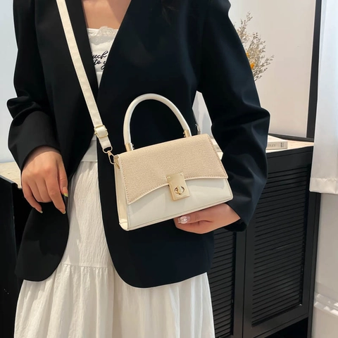 French Vintage Colorblock Small Square Shoulder Bag For Women PU Leather Woven Texture Fashion Crossbody Handbag With Gold Lock