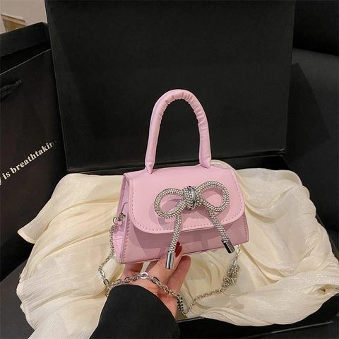 Mini Rhinestone Bowknot Shoulder Bag Fashion PU Leather Square Handbag With Metal Chain Crossbody Party Bag For Women