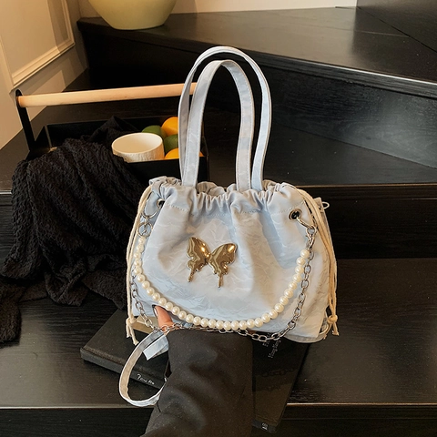 Bolso de Cubo con Cordón Plisado para Mujer Con Decoración de Mariposa Cadena de Perlas Artificiales Mochila Multifuncional de Hombro
