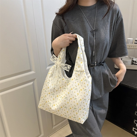 Bolso Tote de Cuero PU con Flores Frescas para Mujer Lazo de Encaje Gran Capacidad Bolso de Hombro Estampado para Diario