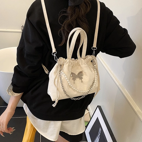 Bolso de Cubo con Cordón Plisado para Mujer Con Decoración de Mariposa Cadena de Perlas Artificiales Mochila Multifuncional de Hombro