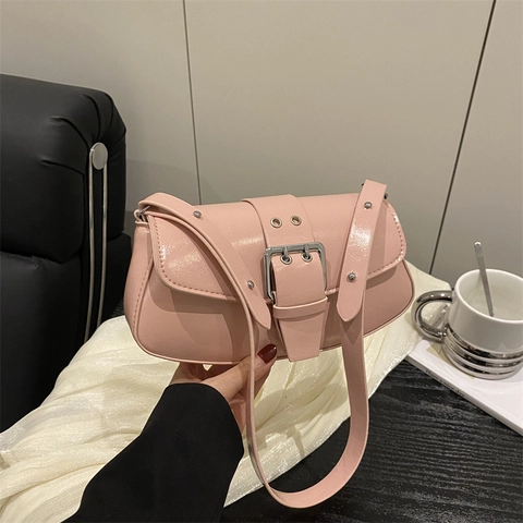 Bolso de Axila de Cuero PU de Gran Capacidad para Mujer Bolso de Hombro Minimalista de Color Sólido Con Hebilla de Plata Grande