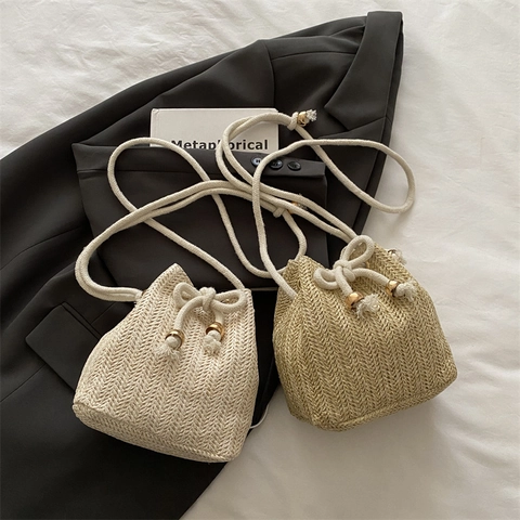 Handmade Woven Straw Bucket Bag For Women Summer Casual Drawstring Shoulder Bag With Cotton Rope Strap And Gold Metal Beads
