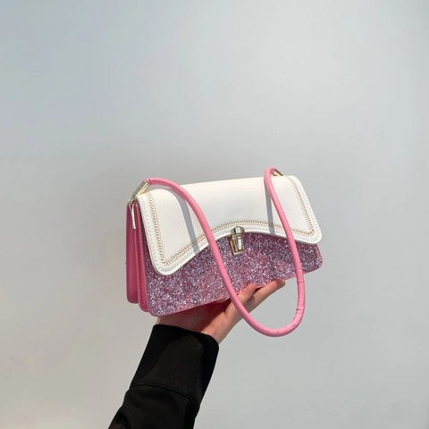 Mode Vrouwen PU Leer Pailletten Splitsen Schoudertas Grote Capaciteit Onderarm Vierkante Tas Metalen Slot Elegante Handtas