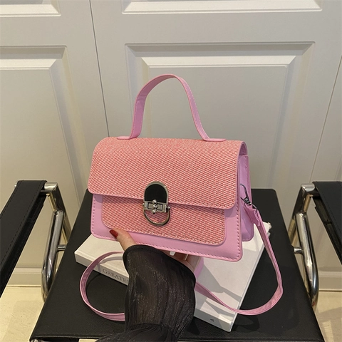 Borsa Quadrata Piccola da Donna in Pelle PU Tessuto Patchwork Tracolla Messenger Con Chiusura in Metallo Urban Minimalist Tote