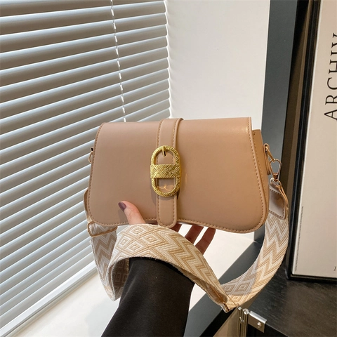 Retro PU Leather Underarm Bag For Women With Wide Geometric Strap Gold Metal Buckle Fashion Casual Shoulder Crossbody Bag