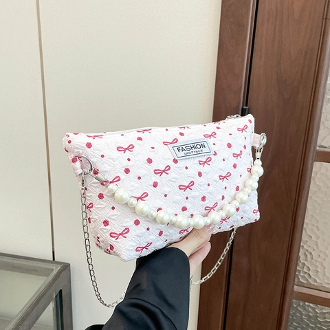Sac à Épaule en Nylon Imprimé Papillon Femmes Poignée en Perle Artificielle Chaîne en Métal Sacoche Matelassée