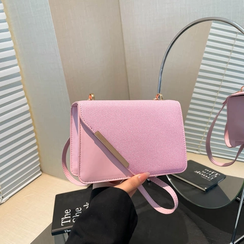 Bolso de Hombro de Cuero PU Casual para Mujer Bloque de Color Con Barra de Metal Bolso Bandolera Pequeño Bolso Cuadrado con Solapa