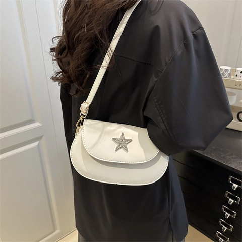 Vintage Rhinestone Star Saddle Shoulder Bag For Women PU Leather Minimalist Casual Crossbody Bag Solid Color Trendy Handbag