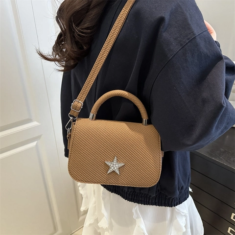 Fashion Women Five-Pointed Star Handbag Woven Texture Synthetic Leather Shoulder Bag Rhinestone Inlaid Small Square Crossbody Bag