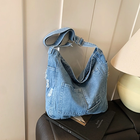 Sac à Épaule en Denim Grande Capacité Femmes Lavé Délavé Multi Poche Tote Sac Bandoulière Décontracté Avec Bandoulière Réglable Hobo Rétro