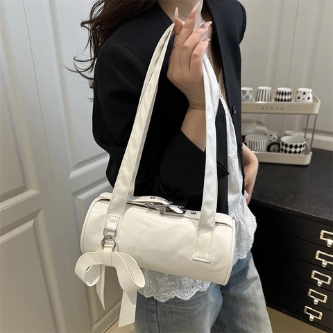 Bolso de Hombro Cilíndrico Elegante de Cuero PU para Mujer Moda Coreana Color Sólido Bolso Boston Con Decoración de Lazo para el Viaje Diario