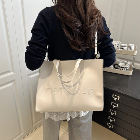Große Kapazität PU Leder Tote Bag Für Damen Geprägter Buchstabe Schultertasche Retro Mode Pendler Umhängetasche Handtasche