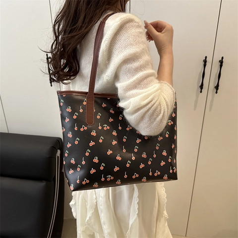 Bolso de Mano de Gran Capacidad para Mujer Con Estampado de Cerezas Bolso de Hombro de Cuero PU Bolso Casual para Viajes Diarios