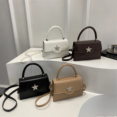 Trendy Women PU Leather Square Shoulder Bag With Rhinestone Star Decoration Adjustable Strap Casual Small Crossbody Bag