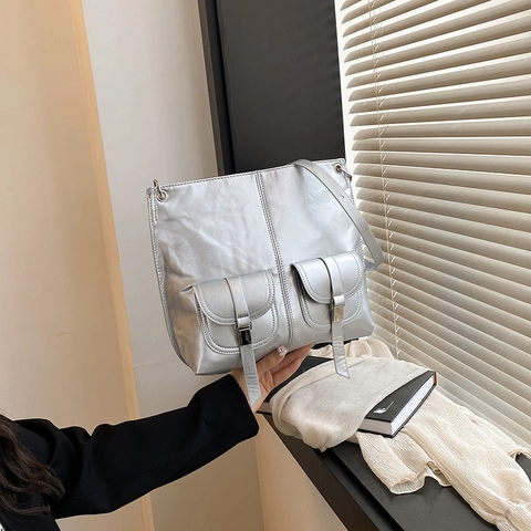 Borsa Tote da Donna in Pelle PU Vintage Grande Capacità Borsa a Spalla Con Doppie Tasche Frontali Borsa per Pendolarismo