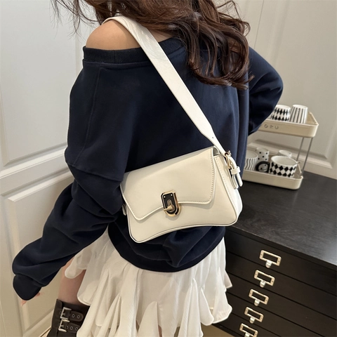 Elegant Urban PU Leather Underarm Shoulder Bag For Women Retro Solid Color Square Crossbody Bag With Metal Lock Closure